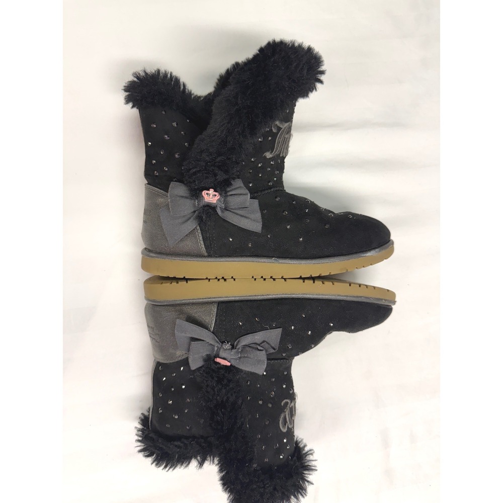 Juicy Couture Black Rhinestone Bling Winter Boots Girls 4 Women 6 Bow Crown Y2K